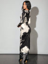 Portrait Mesh Print Long-Sleeved Dress: Embrace Your Inner Retro