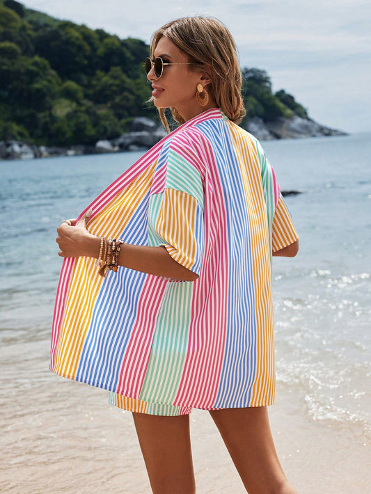 This <a href="https://canaryhouze.com/collections/women-dresses" target="_blank" rel="noopener">stylish</a> and lightweight kimono shirt and shorts set is perfect for summer days at the beach or pool. Made from soft and breathable fabric, it features a tropical paradise print that will make you stand out. Stay comfortable and fashionable with this must-have summer ensemble.