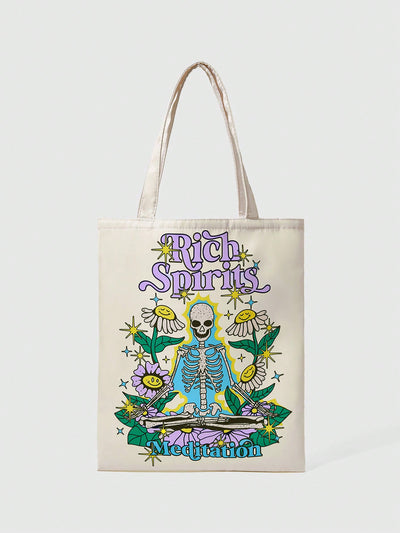 Stylishly Chic: Women's Personality Skull Flower Printed Canvas Tote Bag
