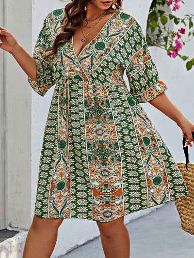 Boho Chic: Plus Size Printed Bell Sleeve Dress