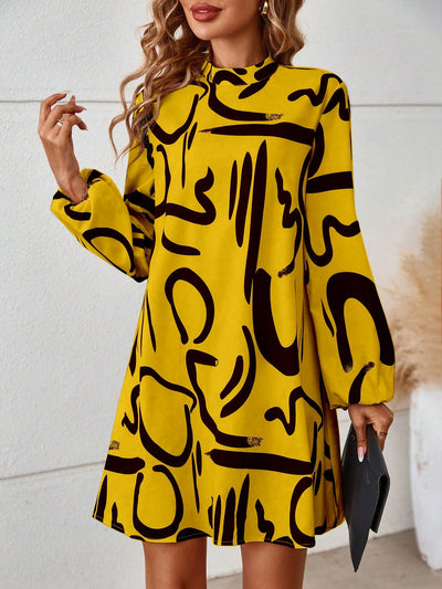 Effortlessly Chic: Graphic Print Mock Neck Lantern Sleeve Dress