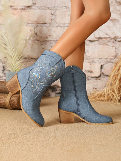 Blue Short Boots: Stylish Slip-Ons with Embroidery and Rhinestone Detail