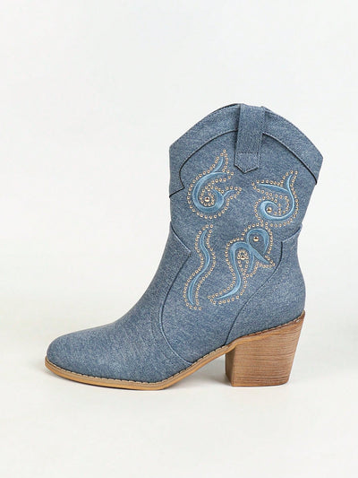 Blue Short Boots: Stylish Slip-Ons with Embroidery and Rhinestone Detail