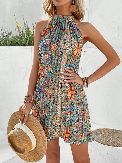 Summer Dream: Full Printed Halter Pleated Dress