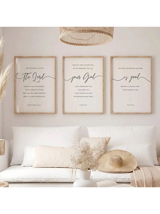 Highlight the goodness of the Lord in your home with this 3 piece set of Bible verse wall art. Perfect for any Christian home, these simple yet elegant pieces will add a touch of faith and beauty to your <a href="https://canaryhouze.com/collections/printable-art" target="_blank" rel="noopener">decor</a>. Each piece features a different Bible verse to inspire and uplift.