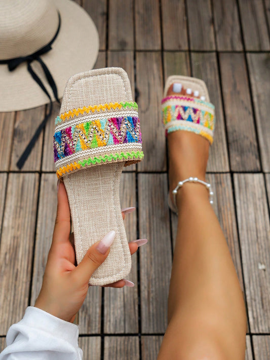 Add a pop of color to your summer wardrobe with our Colorful Embroidered Flat Sandals! Made for ultimate style and comfort, these sandals are the perfect statement piece for any summer look. The vibrant embroidery adds a touch of fun, while the flat sole ensures all-day wearability. Elevate your summer style with these must-have sandal