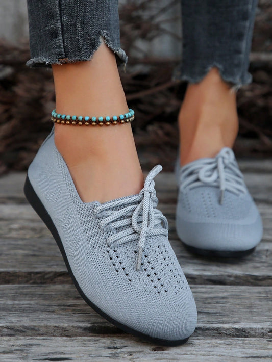 Chic and Comfy: Lace-Up Knitted Mesh Casual Flat Shoes in Gray
