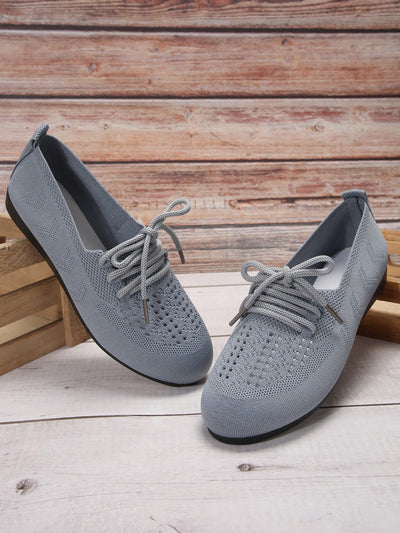 Chic and Comfy: Lace-Up Knitted Mesh Casual Flat Shoes in Gray