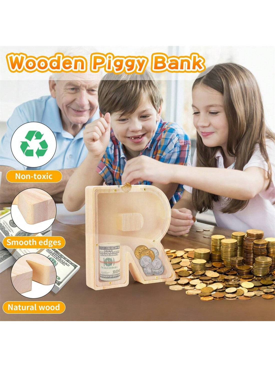 This Exquisite Wooden Transparent Alphabet Piggy Bank is the perfect gift for both babies and couples. Made from high-quality wood, it features a transparent design and alphabet decals, adding a touch of elegance to any room. Teach children the value of saving while also adding a stylish piece to your home decor.