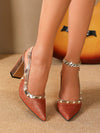 Fashionable European and American Style Pearl Decor Chunky Heel Shoes for Sexy Women