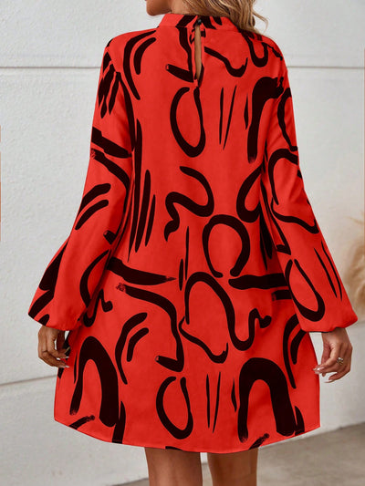 Effortlessly Chic: Graphic Print Mock Neck Lantern Sleeve Dress