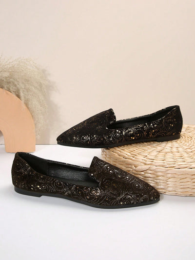 Shiny Gold Silk and Beading Detailed Pointed Toe Loafers: The Perfect Fashion Statement