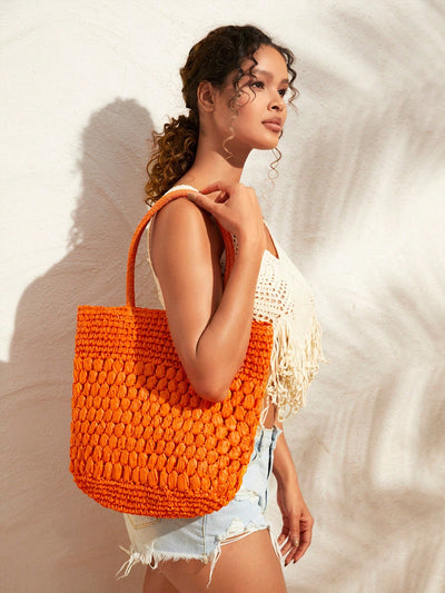 Sun-Kissed Vibes: Orange Double Handle Straw Bag - Ideal for Summer Beach Travel and Outdoor Holidays