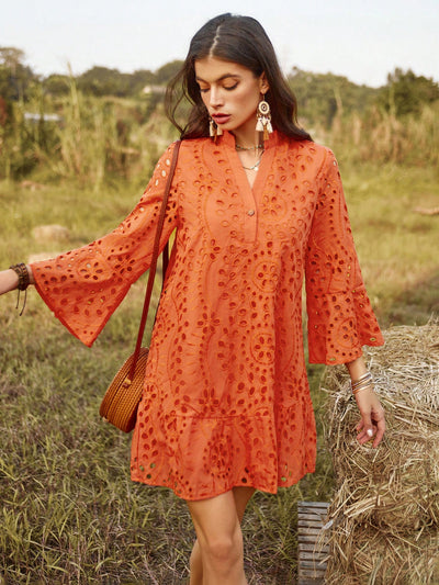 Vibrant Vacation Chic: Hollow Out Embroidery Notched Neck Dress with Ruffled Hem