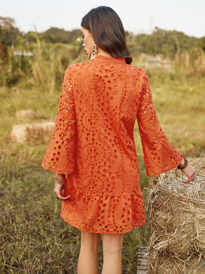 Vibrant Vacation Chic: Hollow Out Embroidery Notched Neck Dress with Ruffled Hem