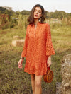 Vibrant Vacation Chic: Hollow Out Embroidery Notched Neck Dress with Ruffled Hem