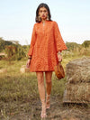 Vibrant Vacation Chic: Hollow Out Embroidery Notched Neck Dress with Ruffled Hem