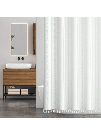 Boho Chic White Fabric Shower Curtain - Vertical Striped Design - 72x72 Inch