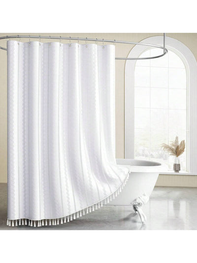 Boho Chic White Fabric Shower Curtain - Vertical Striped Design - 72x72 Inch