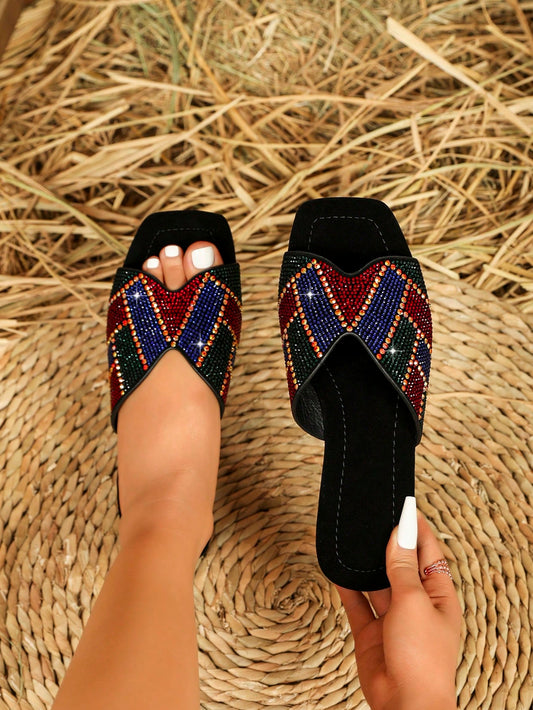 Chic Black Suede Sandals: Elevate Your Summer Style with Color Block Design and Rhinestone Decoration