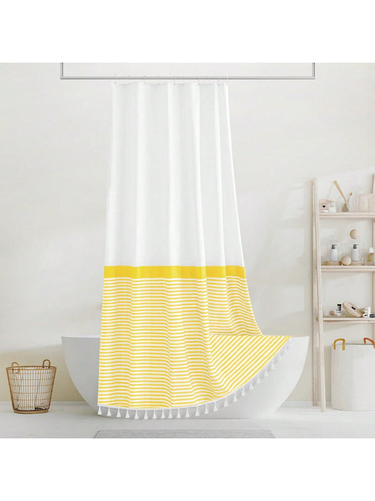 Chic Modern Farmhouse Fabric Shower Curtain with Tassels - Waterproof and Washable for Stylish Bathroom Decor