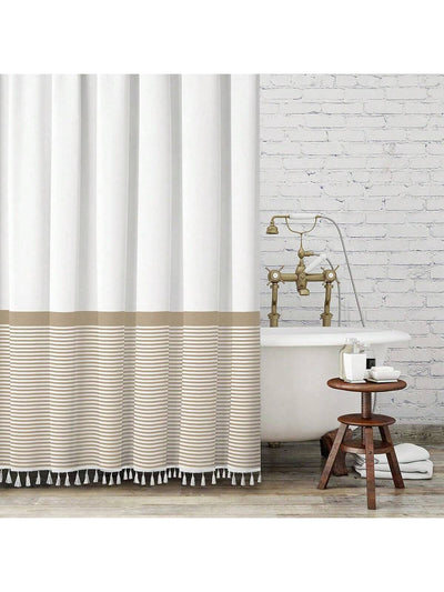 Chic Modern Farmhouse Fabric Shower Curtain with Tassels - Waterproof and Washable for Stylish Bathroom Decor