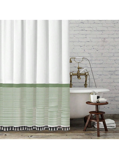 Chic Modern Farmhouse Fabric Shower Curtain with Tassels - Waterproof and Washable for Stylish Bathroom Decor