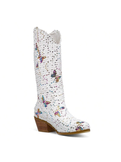 Shimmering Sequin Denim Cowgirl Boots - Stylish Mid-Calf Western Boots for Women