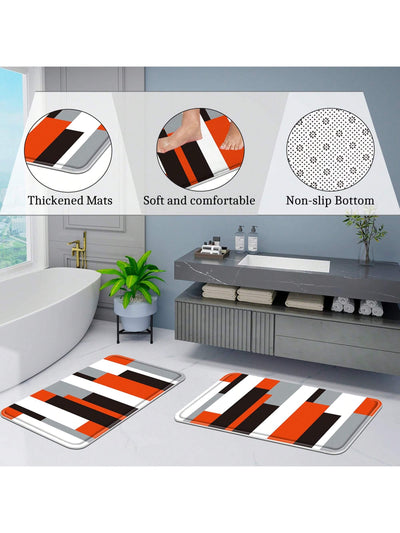 Striped Bathroom Shower Curtain Set with Non-Slip Bath Mats