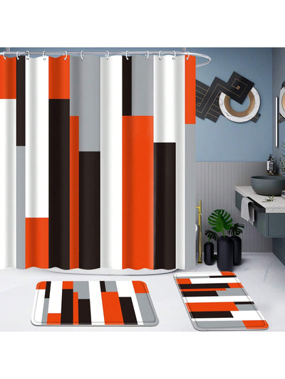 Striped Bathroom Shower Curtain Set with Non-Slip Bath Mats