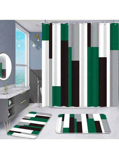 Striped Bathroom Shower Curtain Set with Non-Slip Bath Mats