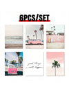 Vibrant Summer Sea Canvas Wall Art Collection - Set of 6 with Pink Bus Print
