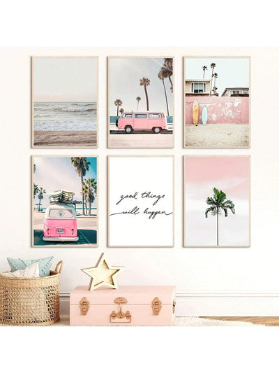 Vibrant Summer Sea Canvas Wall Art Collection - Set of 6 with Pink Bus Print