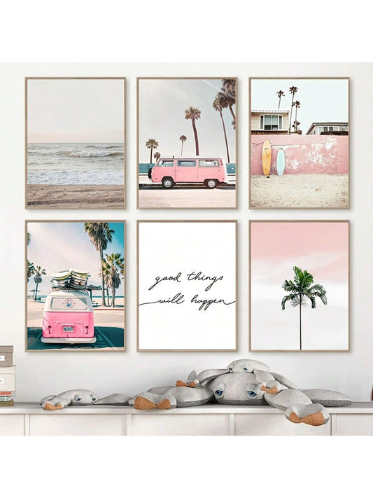 Enhance your home decor with our Vibrant Summer Sea Canvas Wall Art Collection. This set of 6 features a stunning pink bus print and bright, summery colors. Perfect for adding a touch of beachy vibes to any room.