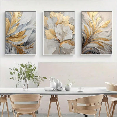 3pc Luxury Golden and White Leaves Canvas Wall Art Set for Home and Office Decor