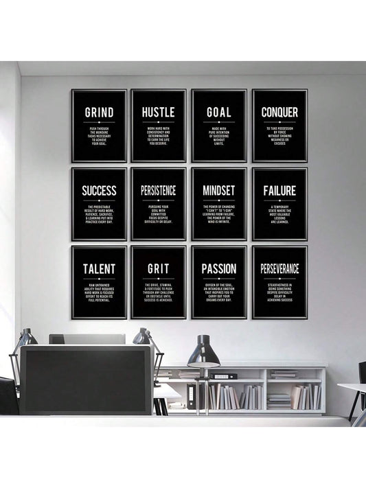 Enhance the atmosphere of any space with this sleek Motivational Minimalism black canvas wall art set. Featuring 12 modern pieces, this set is perfect for home, office, and gifting. Each piece is designed to inspire with its minimalist style and motivational messages. Elevate any room with this stylish and meaningful art collection.