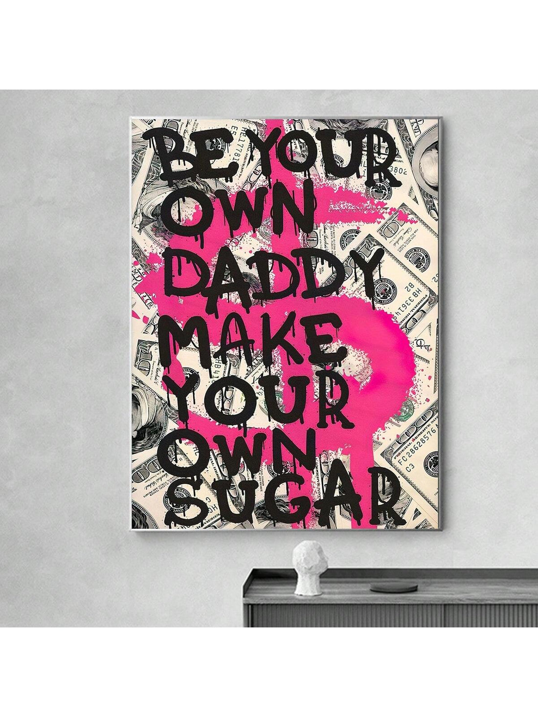 Elevate your living room and bedroom decor with our "Be Your Own Daddy" <a href="https://canaryhouze.com/collections/printable-art" target="_blank" rel="noopener">canvas poster</a> featuring a bold money sign design. Show off your financial prowess and inspire yourself to take control of your future. Made with high-quality materials, this wall art is the perfect addition to any space.