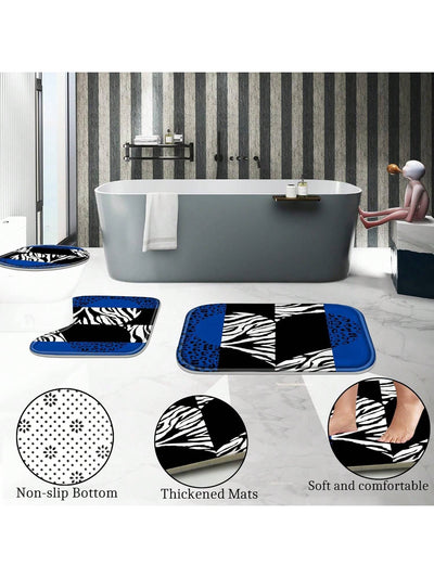 Blue Rose and Leopard Bathroom Set: Bright Style Shower Curtain Sets with Rugs, Bath Mat, U-Shape, and Toilet Lid Cover Mat