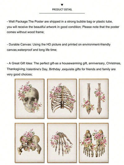 6 Piece Floral Skeletal Bones Anatomy Retro Poster Set - Unique Medical Wall Art for Clinic, Dorm, or Home Decor