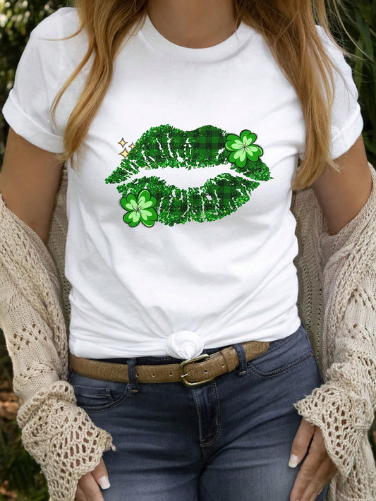 Elevate your style with our Plus Size Women's Lips Clover Pattern Printed T-Shirt. This stunning top features a unique lips and clover pattern that will make you stand out from the crowd. Its comfortable and flattering fit is perfect for any occasion. Be confident and stylish with our t-shirt.