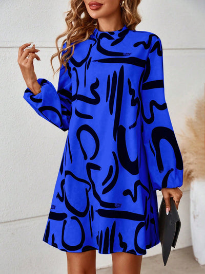 Chic Statement: Women's Lantern Sleeve Dress with All-Over Printed Pattern