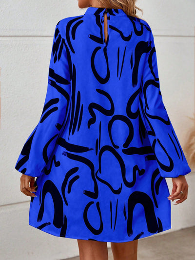 Effortlessly Chic: Graphic Print Mock Neck Lantern Sleeve Dress