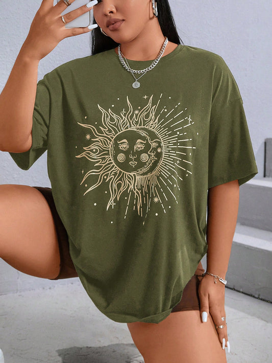 "Experience ultimate comfort and style with our Sun Moon Pattern Perfect: Plus Size Round Neck T-Shirt. Made for the plus size silhouette, this shirt features a unique sun and moon pattern that will elevate any outfit. Stay on trend and confident all day long."