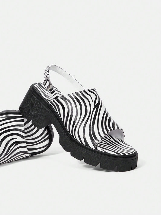 Zebra Striped Style: Black & White Round Toe Sandals for Daily Wear & Workplace