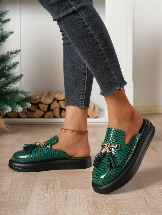 Stylish Vintage Crocodile Pattern Round Toe Mules - Perfect for Outdoor Chic