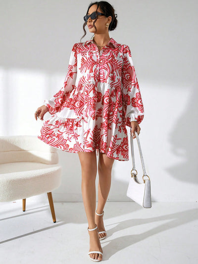 Garden Chic: Women's Plant Pattern Printed Shirt Dress