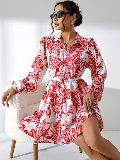 Garden Chic: Women's Plant Pattern Printed Shirt Dress