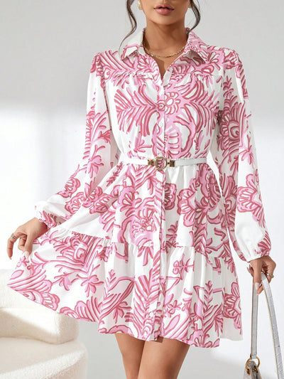 Garden Chic: Women's Plant Pattern Printed Shirt Dress