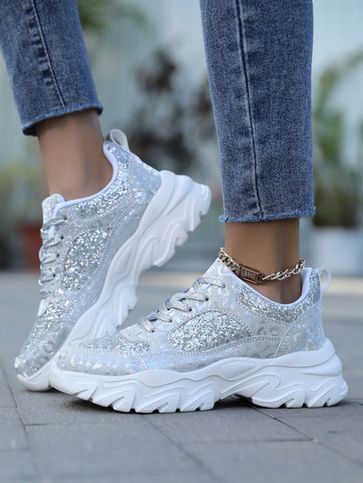 Shine Bright in Style: Women's Sparkly Anti-Skid Sports Shoes with Lace-Up Design for Outdoor Activities