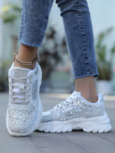 Shine Bright in Style: Women's Sparkly Anti-Skid Sports Shoes with Lace-Up Design for Outdoor Activities